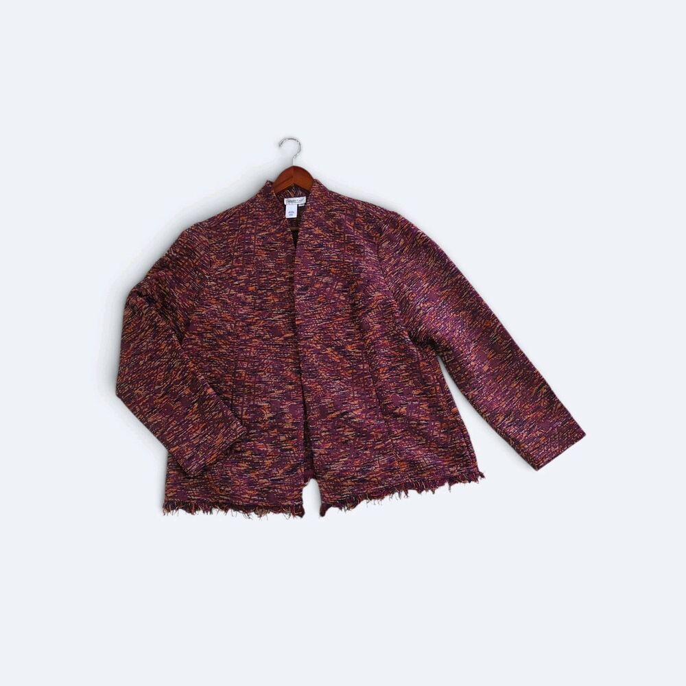 Vintage Coldwater Creek Tweed Boucle Fringed Open Front Jacket Blazer PL